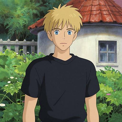 Digital anime-style drawing of a blonde, blue-eyed boy in a black shirt, standing in front of a white cottage with a red roof and lush green