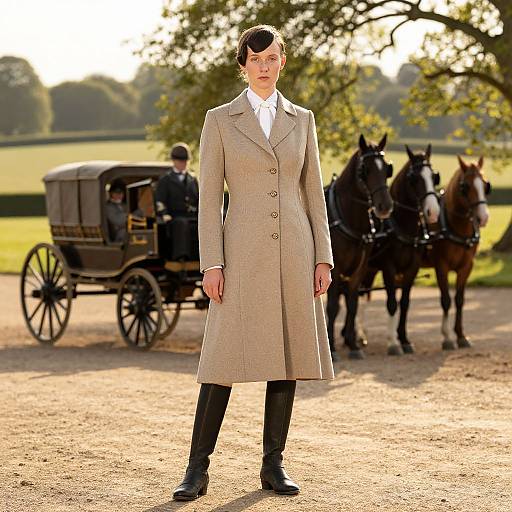 Photograph of a serious woman in a beige long coat, white shirt, and black pants, standing on a gravel path with a horse-drawn carriage