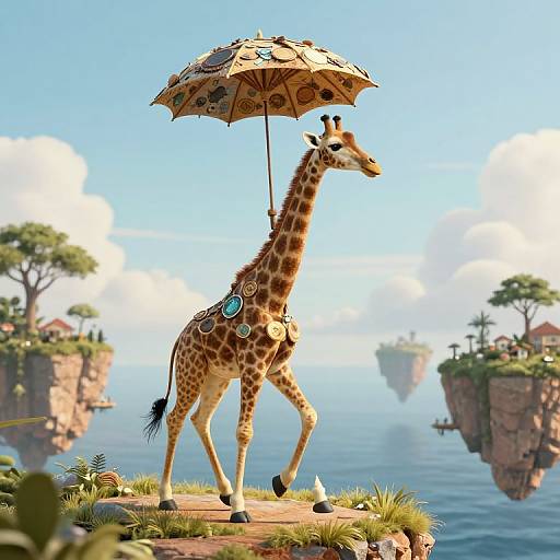 Whimsical Giraffe with Parasol on Floating Islands