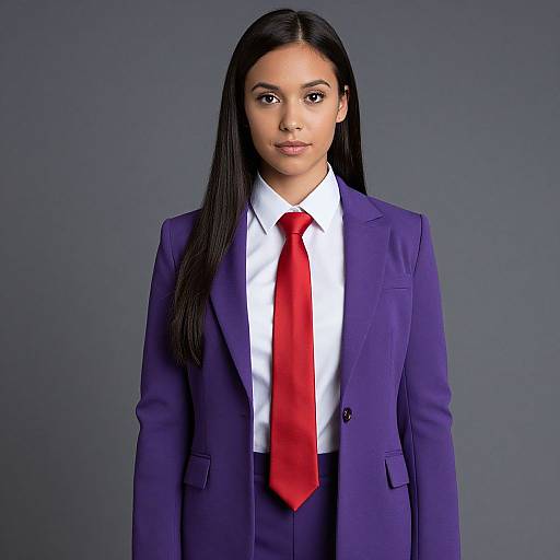 Photograph of a young South Asian woman with long black hair, wearing a blue suit, white shirt, and red tie, standing against a gray background