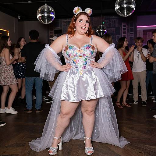 Photograph of a plus-size woman with red hair, wearing a sparkling white dress with colorful floral embroidery, tulle sleeves, and silver heels, dancing