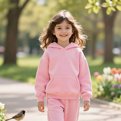 Photograph of a smiling young girl with light brown hair wearing a pink hooded sweatshirt and matching pants, walking in a sunlit park with trees