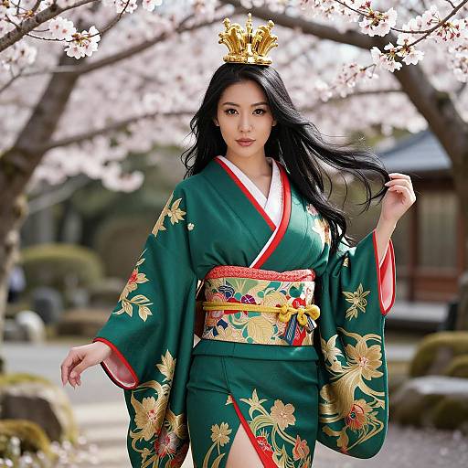 Photograph of an Asian woman with long black hair, wearing a green floral kimono, gold crown, and colorful obi, standing under cherry bloss