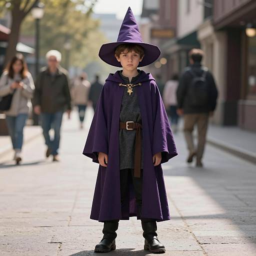Young Boy in Dark Purple Wizard Costume
