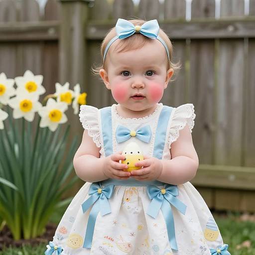 Photograph of a cute baby girl with rosy cheeks, wearing a blue bow headband, white dress with blue bows, holding a yellow ball.