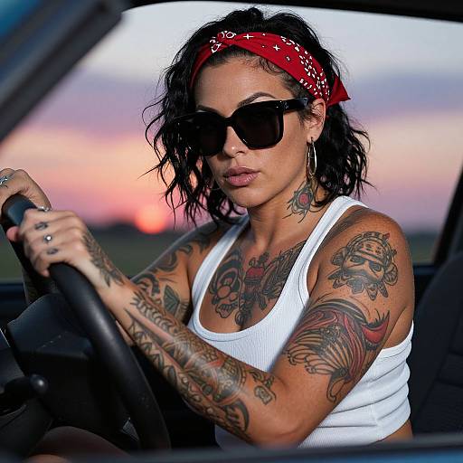 Photograph of a tattooed woman with curly black hair, red bandana, white tank top, black sunglasses, driving at sunset.