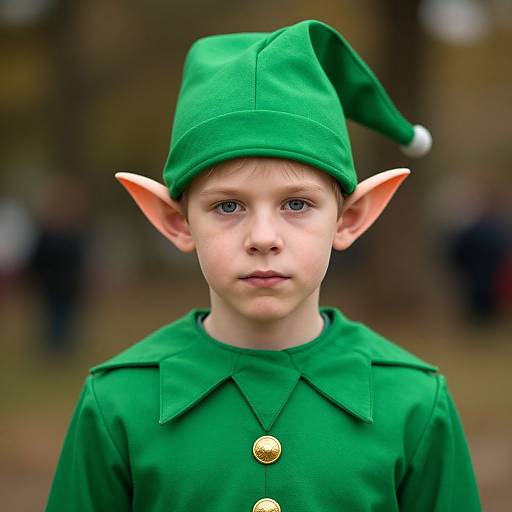 Photograph of a young boy with pale skin, blue eyes, wearing a green elf costume with pointed ears and a hat, set outdoors with a blurred