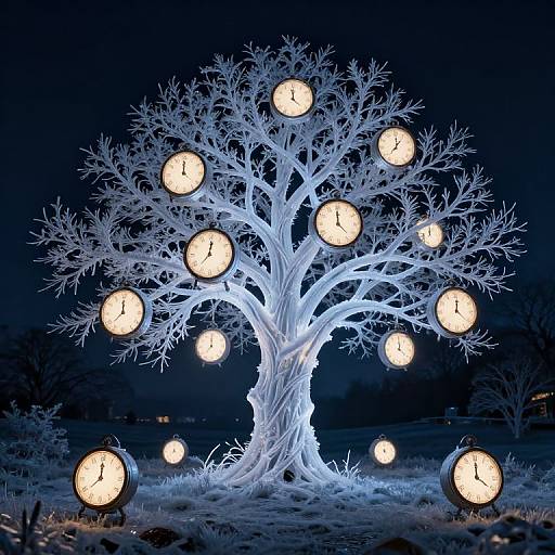 Photograph of a glowing, white, leafless tree with twelve illuminated clock faces, set against a dark blue night sky.