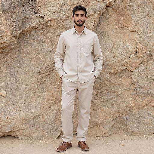Man in Beige Cotton Outfit by Rock Wall