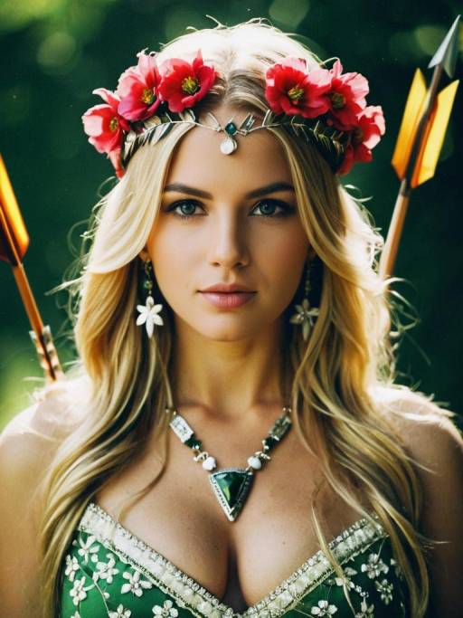 Blonde Woman in Green Dress with Floral Head Wreath
