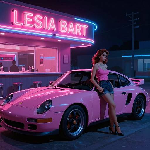 Neon-lit night scene: woman in pink top, denim shorts, black heels, leaning on white Porsche, in front of 