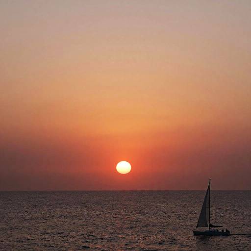 Photograph of a serene sunset over the ocean, with a small sailboat silhouetted against a vibrant orange and pink sky.