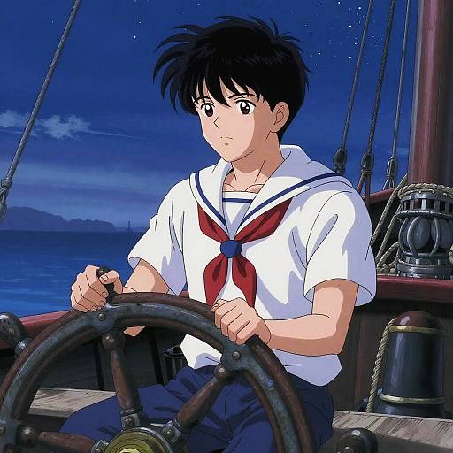 Thoughtful Young Sailor Steering Ship