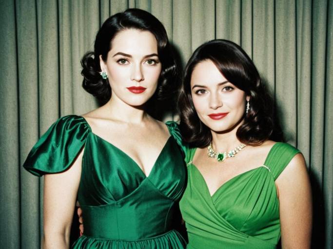 Two Women in Green Dresses with Vintage Glamour