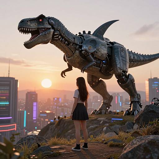 Digital art: Young girl with long brown hair, white shirt, black skirt, and sneakers stands on rocky cliff, facing giant cybernetic T-R