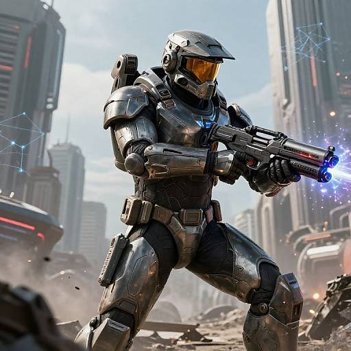 Digital artwork of a futuristic, armored soldier in a ruined city, firing a glowing blue-energy rifle. Cityscape with tall buildings in background, dust and