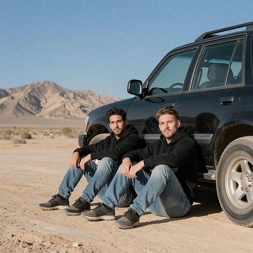 Two Men Sitting Beside Black SUV in Desert