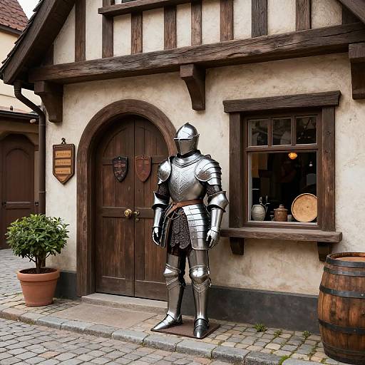 Photograph of a silver medieval knight statue in full armor standing in front of a rustic, timber-framed, white-washed building with a wooden door