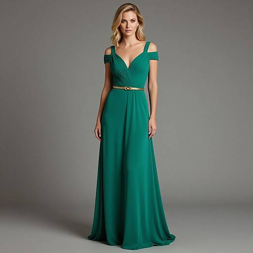 Photograph of a blonde woman in a floor-length, emerald green, off-shoulder gown with a gold belt, standing against a gray studio