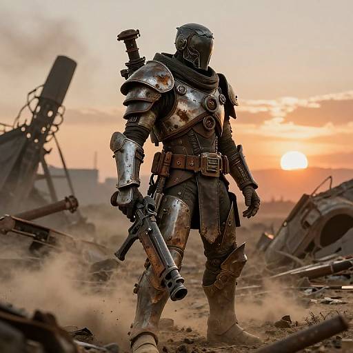 Photograph-style digital artwork of a heavily armored soldier with a rifle, standing in a dusty, war-torn wasteland at sunset.