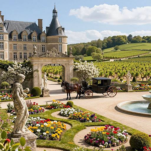 Photograph of a lush French chateau garden with colorful flowers, a stone arch, a horse-drawn carriage, statues, and a circular fountain under