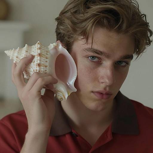 Close-Up of Young Man with Seashell