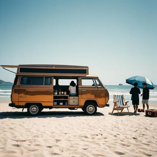 Vintage Bronze Van on Beach with People