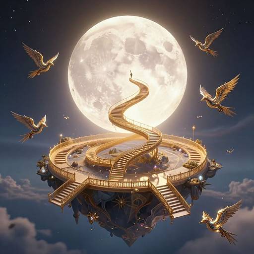 Digital art: Floating golden staircase spirals to moonlit, cloud-island, surrounded by glowing birds, under a bright full moon in a starry
