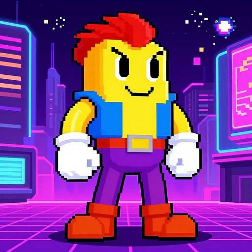 Pixel art of a yellow, muscular character with red hair, blue vest, white gloves, purple pants, and red boots, standing in a neon-l