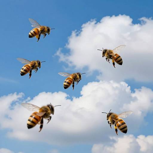 Photograph of six honeybees with yellow and black stripes flying in a V-shape against a bright blue sky with white clouds.