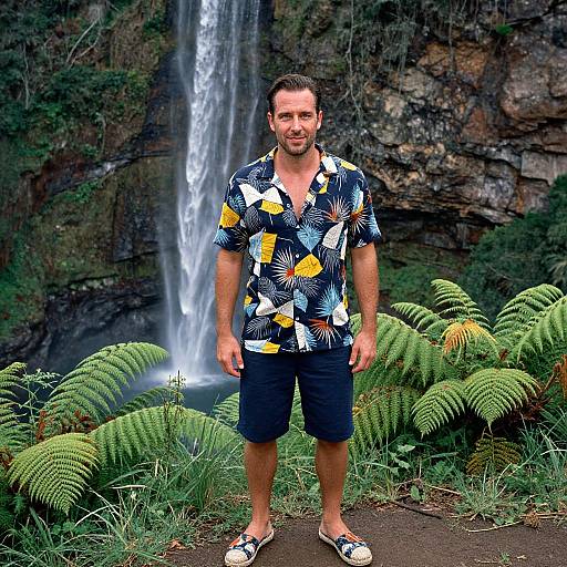Photograph of a smiling, short-haired man in a colorful Hawaiian shirt, black shorts, and slip-on shoes, standing in front of a waterfall and