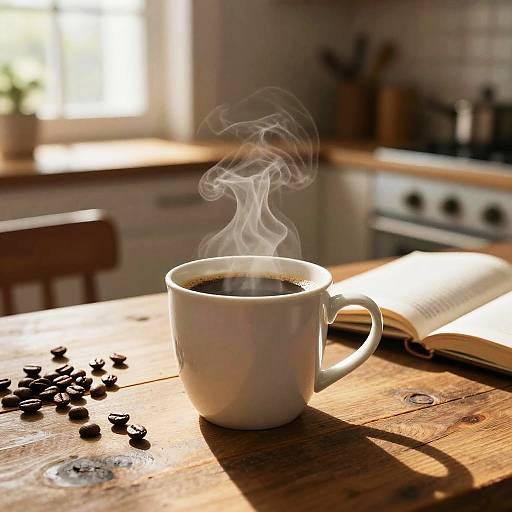 Photograph of a steamy white coffee cup on a wooden table with scattered coffee beans, an open book, and sunlight streaming from a window in a