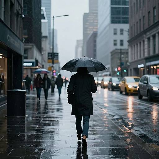 Photograph of a lone figure in a dark coat and blue jeans, holding a black umbrella, walking on a rainy city street, with blurred pedestrians and