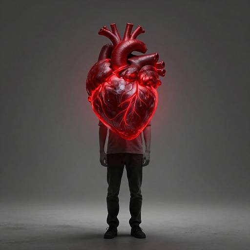 Photograph of a person standing, wearing black pants and shoes, with a glowing red, detailed, illuminated heart replacing their head. Dark gray gradient background