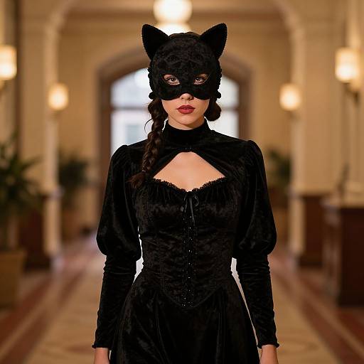 Photograph of a woman in a Victorian-style black dress and cat mask, standing in an ornate, lit hallway with arched windows.