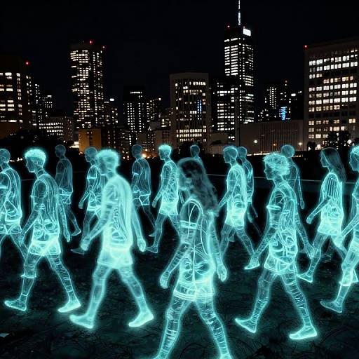 Photograph of glowing blue neon wireframe figures walking in a cityscape at night, with illuminated skyscrapers in the background.