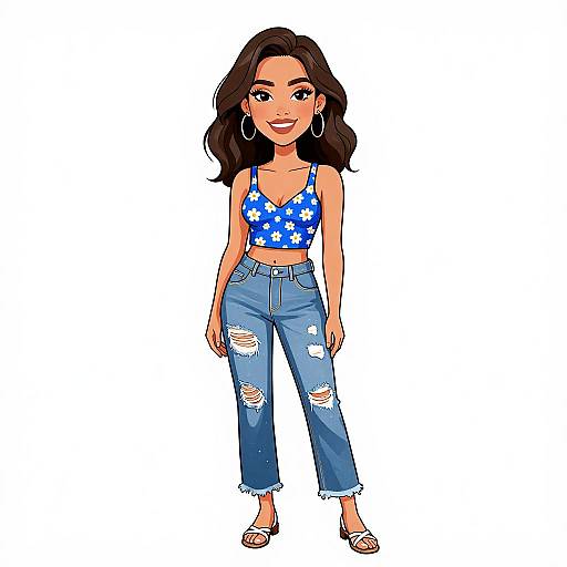 Cartoon-style drawing of a smiling woman with medium skin tone, brown wavy hair, wearing a blue floral crop top, ripped blue jeans, and