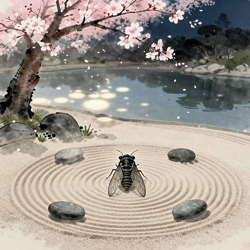 Digital artwork of a blackfly with translucent wings standing on a Zen garden's circular stone pattern, surrounded by cherry blossoms and a reflective pond at night