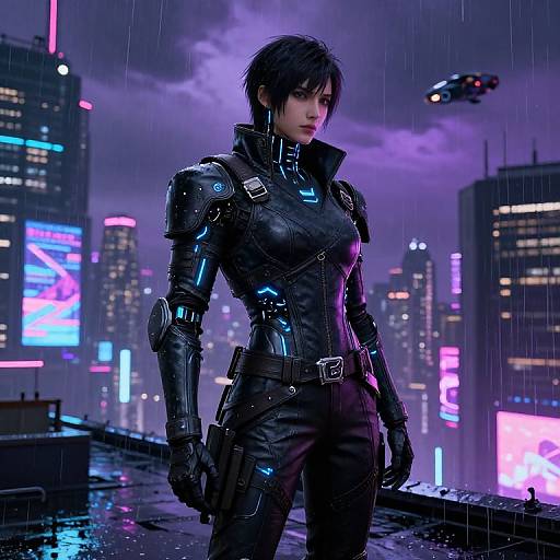 Digital artwork of a cyberpunk female warrior in a black, shiny, high-tech suit standing in a rainy, neon-lit cityscape with a hovering