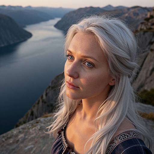 Photograph of a fair-skinned woman with long, platinum blonde hair, wearing a black, embroidered top, gazing thoughtfully at a serene,
