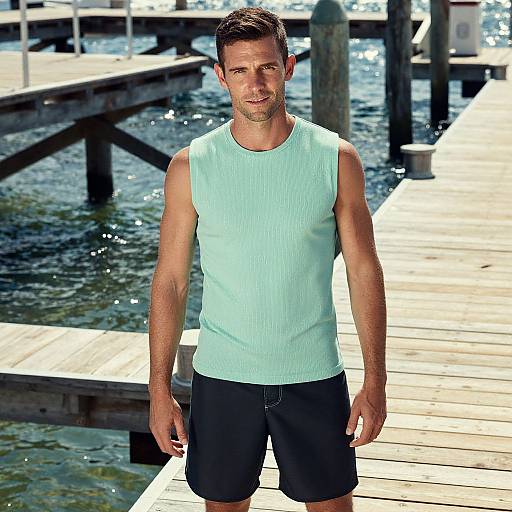 Photograph of a fit, young man with short brown hair, wearing a light blue sleeveless shirt and black shorts, standing on a wooden pier by