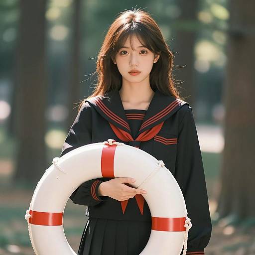 Sailor Uniformed Woman in Sunlit Forest