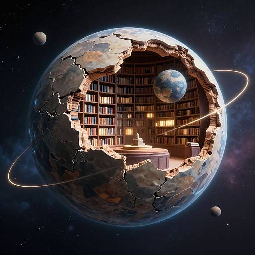 Digital art: A cracked, glowing Earth reveals a library filled with illuminated books, surrounded by space with planets and a ring.