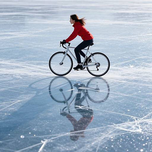 Photograph of a woman in a red jacket and black pants riding a bicycle on a shimmering, icy surface, with her reflection clearly visible on the