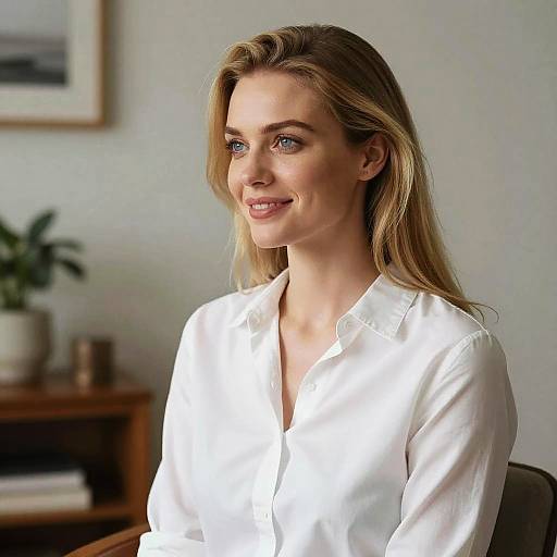 Photograph of a smiling blonde woman with light blue eyes, wearing a white button-up shirt, sitting in a brightly lit room.