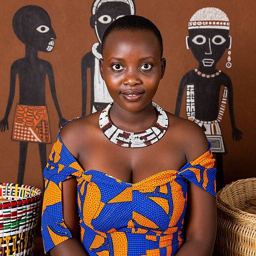 Photograph of a dark-skinned African woman wearing a vibrant blue and orange off-shoulder dress, white beaded necklace, standing in front of