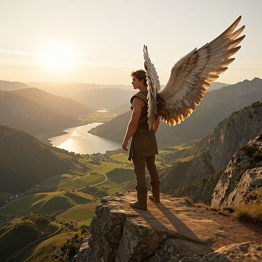 Photograph of a muscular angel with large brown and white wings, standing on a rocky cliff, overlooking a sunlit valley and lake at sunset.