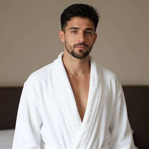 Photograph of a handsome, bearded man with short black hair, wearing a white bathrobe, standing in a minimalistic room.