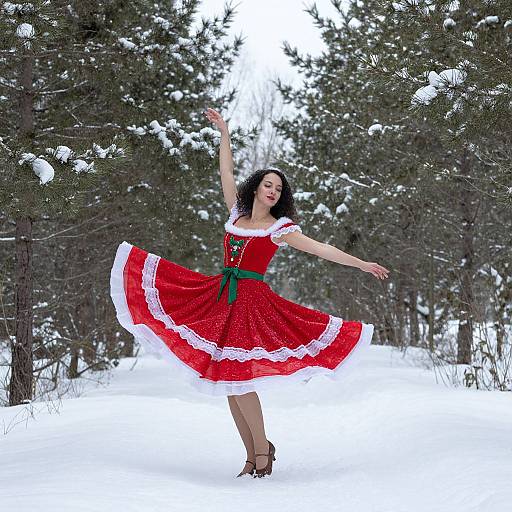 Photograph of a woman in a red and white Christmas dress, green belt, and brown heels, dancing in a snowy forest.