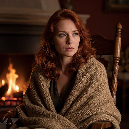 Photograph of a red-haired woman with fair skin, wrapped in a beige wool blanket, sitting by a roaring fireplace, looking pensively into the distance